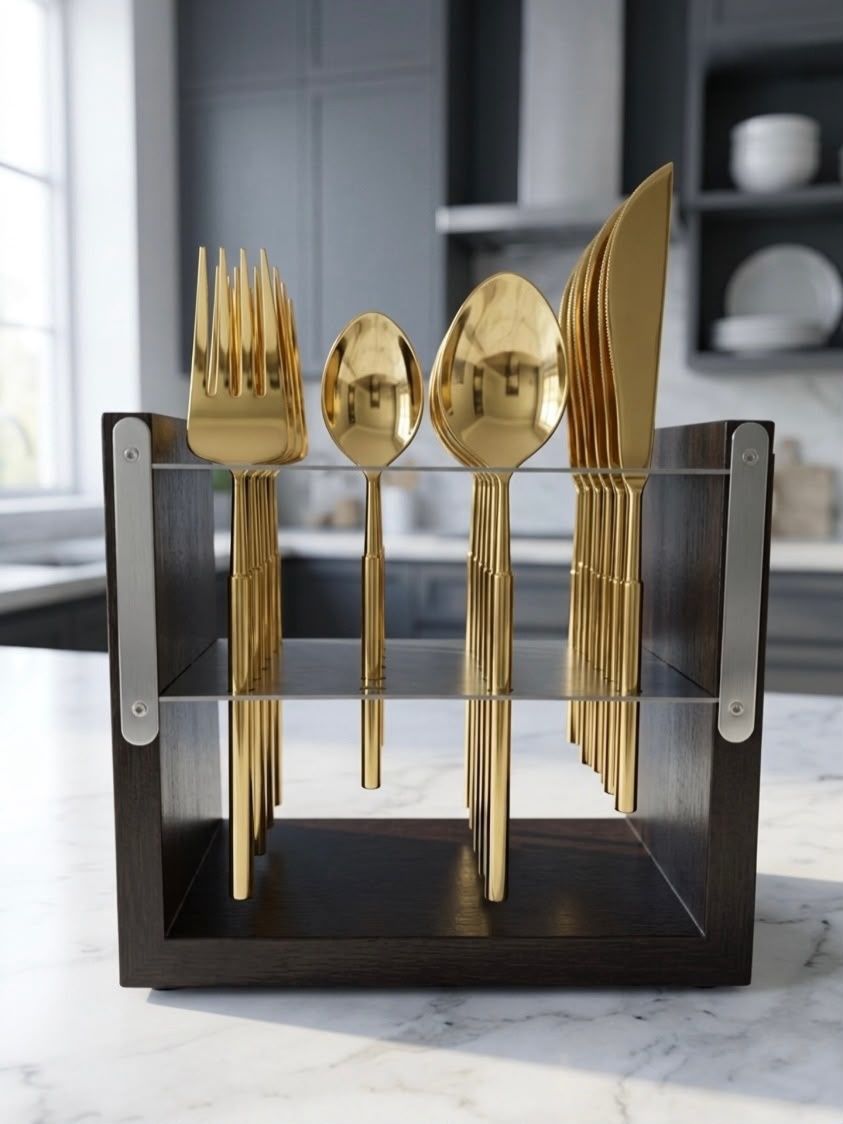 Gold Cutlery Set with Wooden Stand AH-183 Moradabad